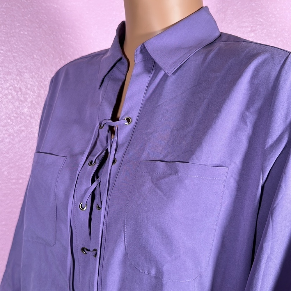 CHICO’S BLOUSE PURPLE  long sleeves w/cuffs buttons upper pockets & drawstring - Picture 4 of 11